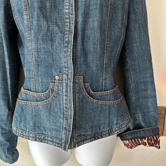Tahari Denim Jacket Leopard Print interior Structured Nice! S - Picture 7 of 8